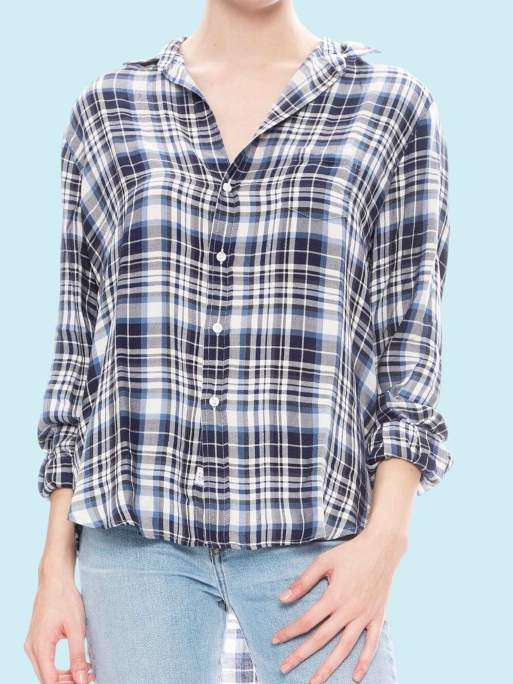 Frank & Eileen Modal Plaid Shirt Large Blue Relaxed Fit Italian Button Down